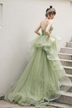 Green Tulle Long A Line Prom Dress, Green Spaghetti Straps Prom Dresses
