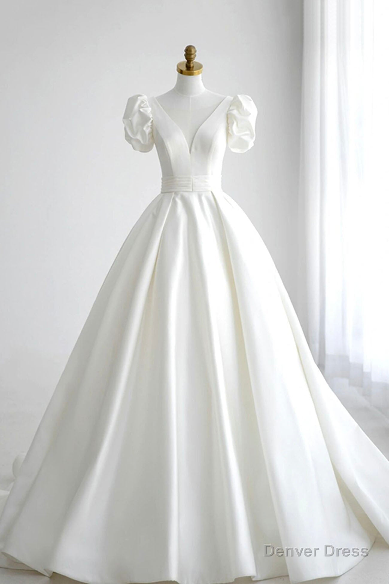 White V-Neck Satin Long Formal Dress, Wedding Formal Dress