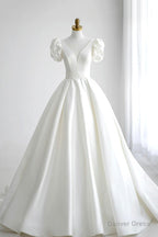 White V Neck Satin Long Prom Dress, Wedding Prom Dresses
