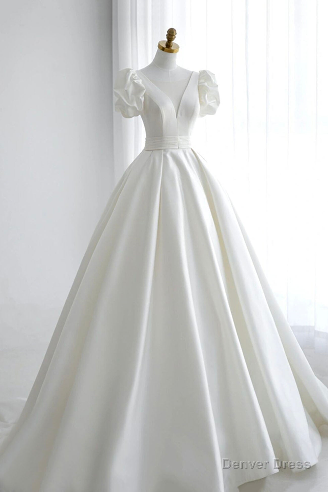 White V Neck Satin Long Prom Dress, Wedding Prom Dresses Secondary image