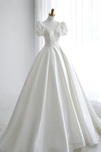 White V Neck Satin Long Prom Dress, Wedding Prom Dresses