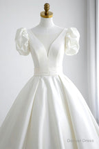 White V Neck Satin Long Prom Dress, Wedding Prom Dresses