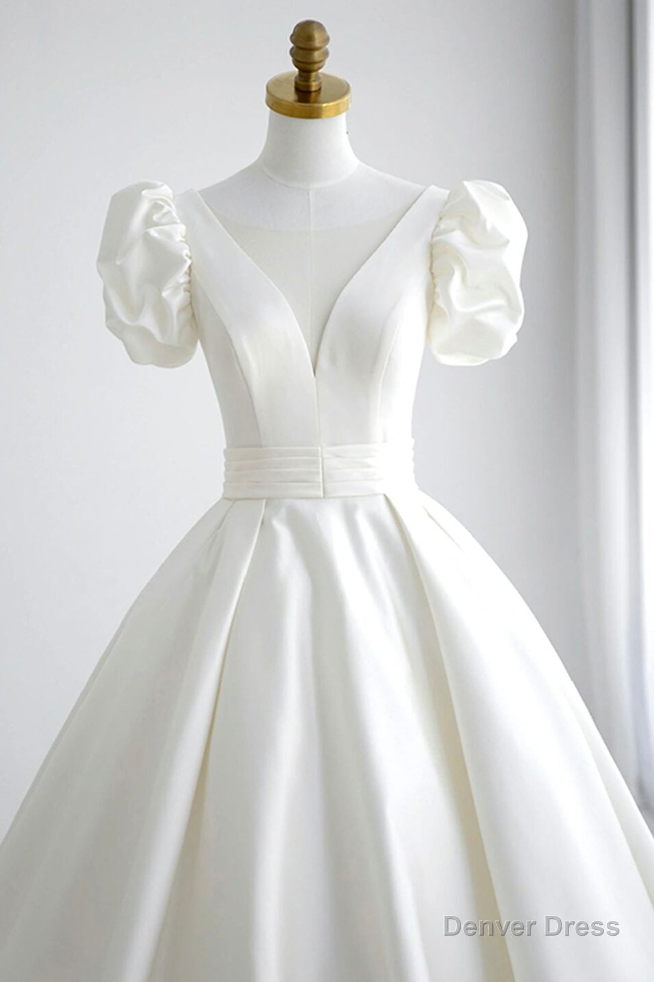 White V Neck Satin Long Prom Dress, Wedding Prom Dresses