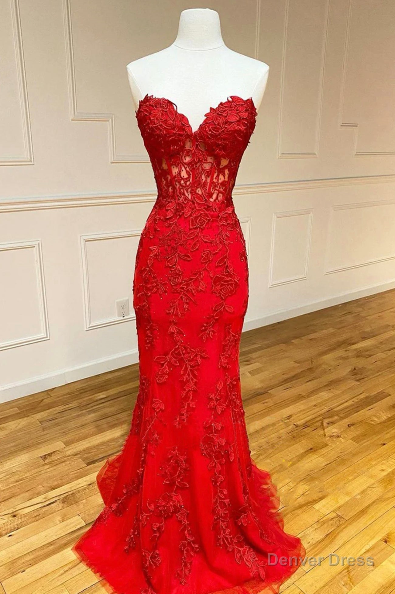 Red Strapless Lace Long Prom Dress, Mermaid Prom Dresses Main image