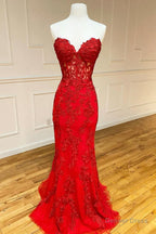 Red Strapless Lace Long Prom Dress, Mermaid Prom Dresses