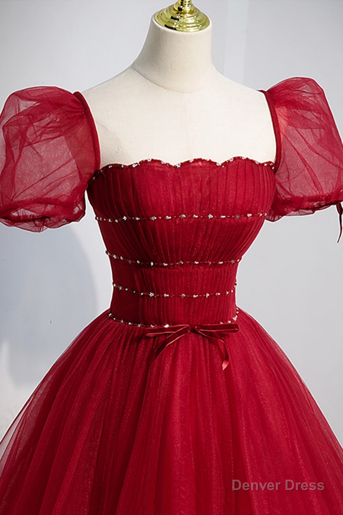 Red Beaded Tulle A-Line Long Formal Dress, Red Prom Dress