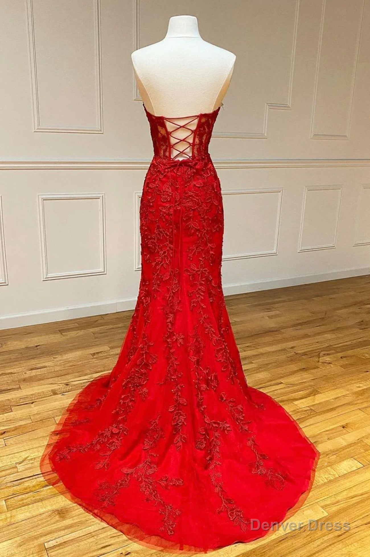 Red Strapless Lace Long Prom Dress, Mermaid Prom Dresses Secondary image