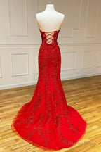 Red Strapless Lace Long Prom Dress, Mermaid Prom Dresses