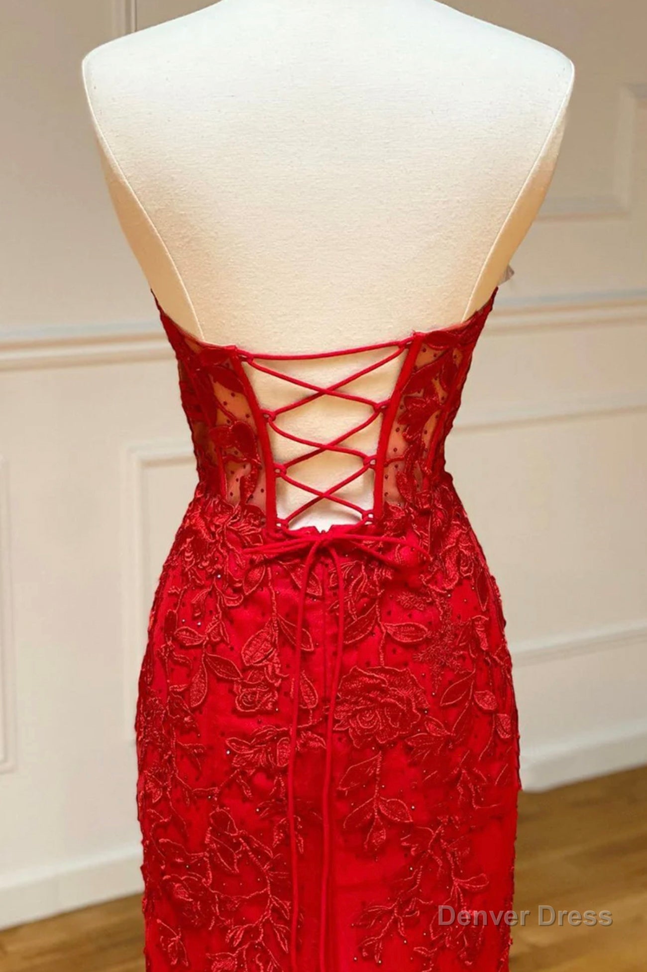 Red Strapless Lace Long Prom Dress, Mermaid Prom Dresses