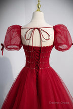 Red Beaded Tulle A Line Long Prom Dress, Red Prom Dresses