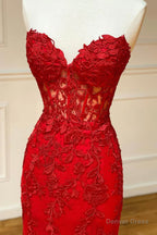Red Strapless Lace Long Prom Dress, Mermaid Prom Dresses
