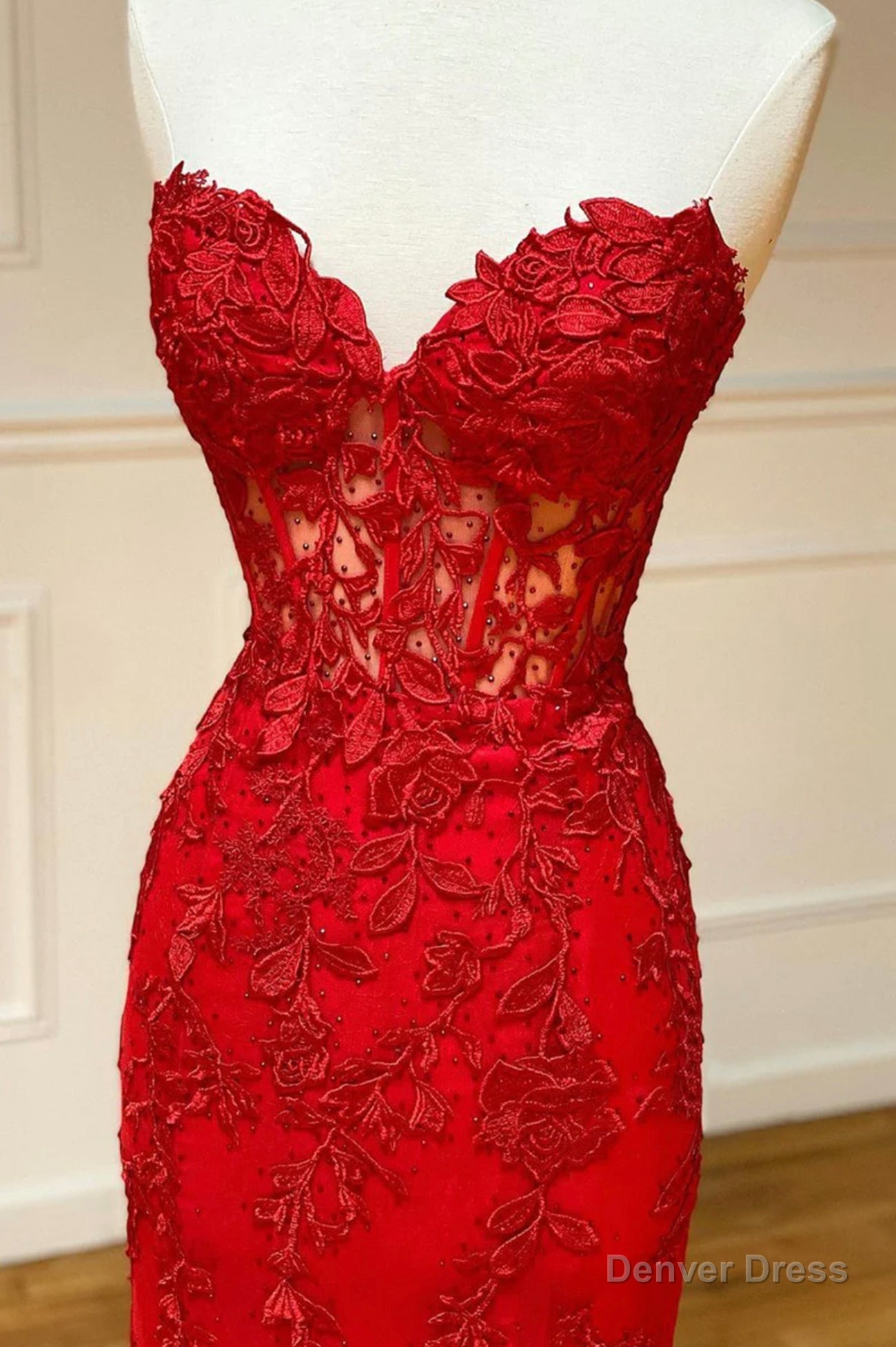 Red Strapless Lace Long Prom Dress, Mermaid Prom Dresses