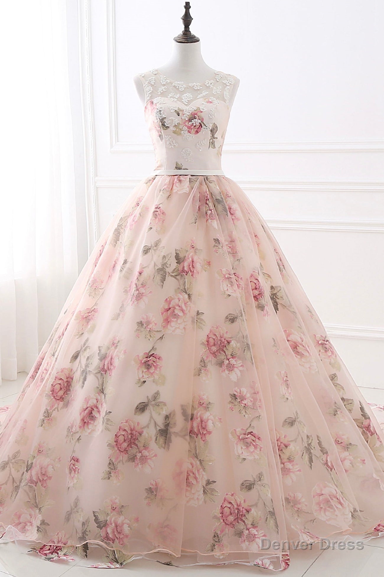 Pink Floral Pattern Lace Long Prom Dress, A Line Prom Dresses Main image