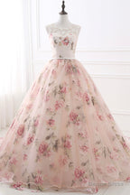 Pink Floral Pattern Lace Long Prom Dress, A Line Prom Dresses