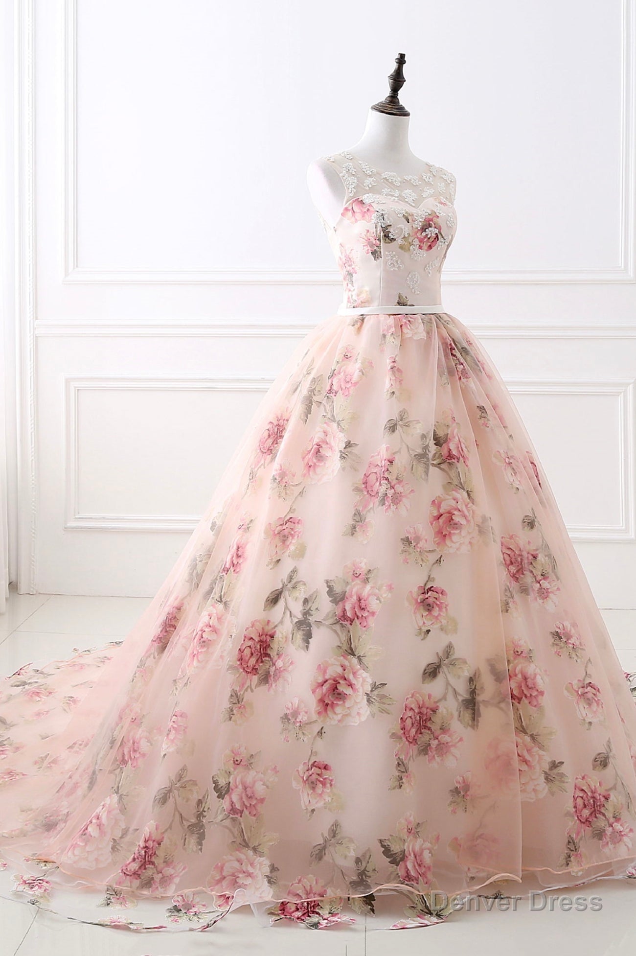 Pink Floral Pattern Lace Long Prom Dress, A Line Prom Dresses Secondary image