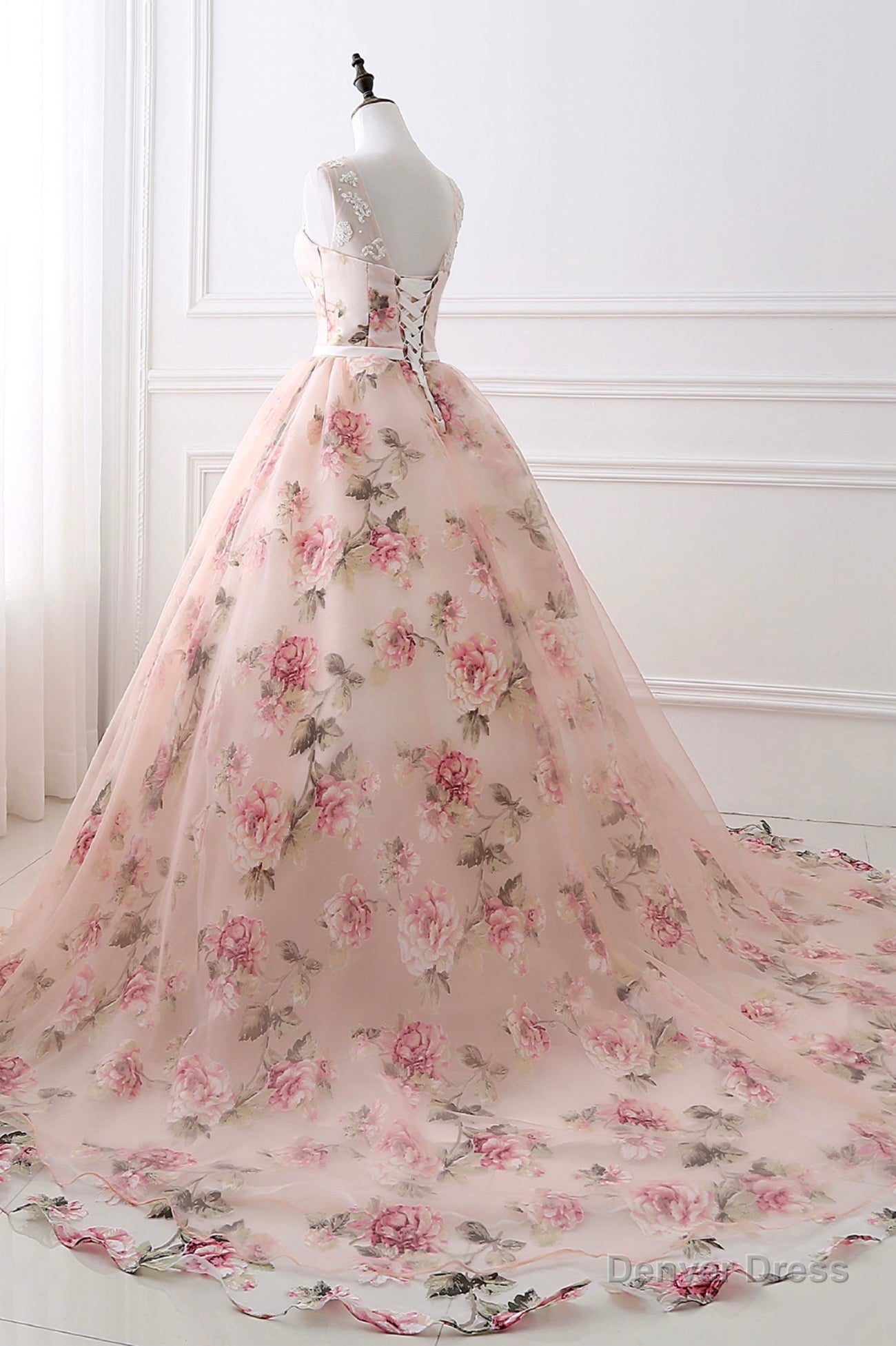 Pink Floral Pattern Lace Long Prom Dress, A Line Prom Dresses