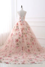 Pink Floral Pattern Lace Long Prom Dress, A Line Prom Dresses