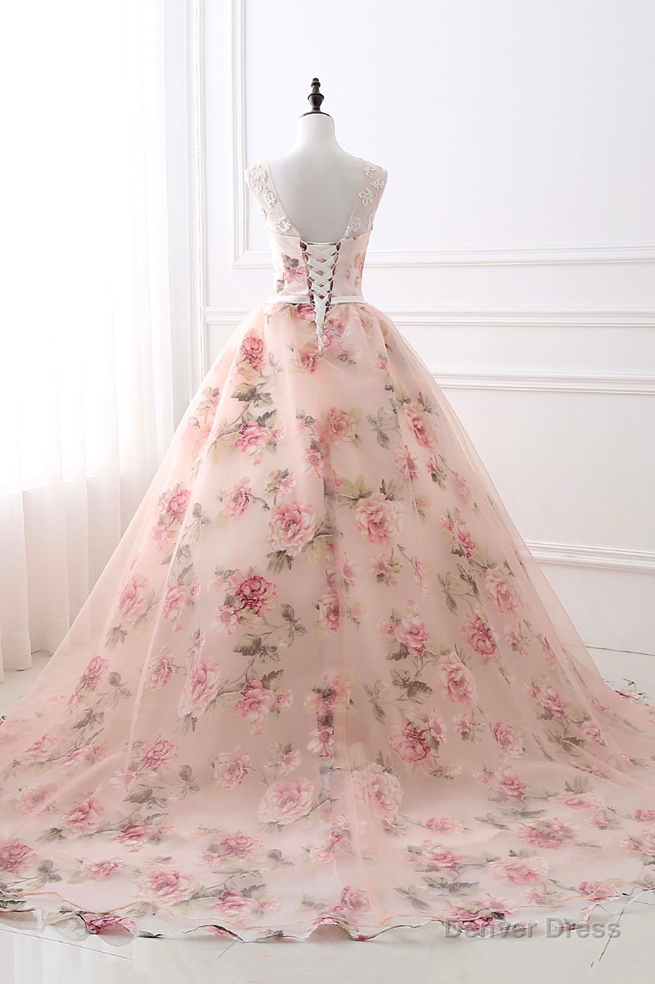 Pink Floral Pattern Lace Long Prom Dress, A Line Prom Dresses