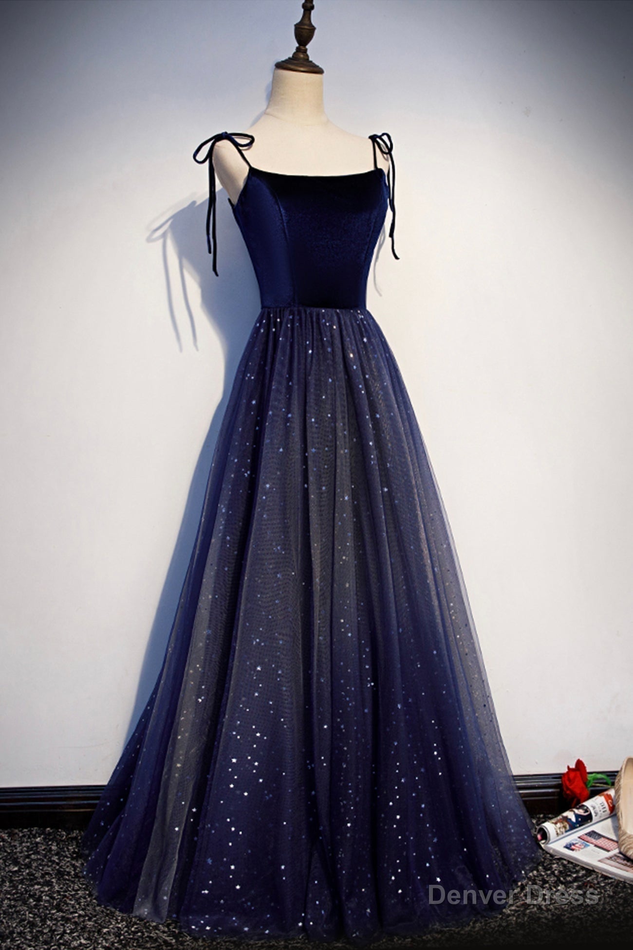 Blue Velvet Tulle Long Prom Dresses, Lovely A-Line Graduation Dresses