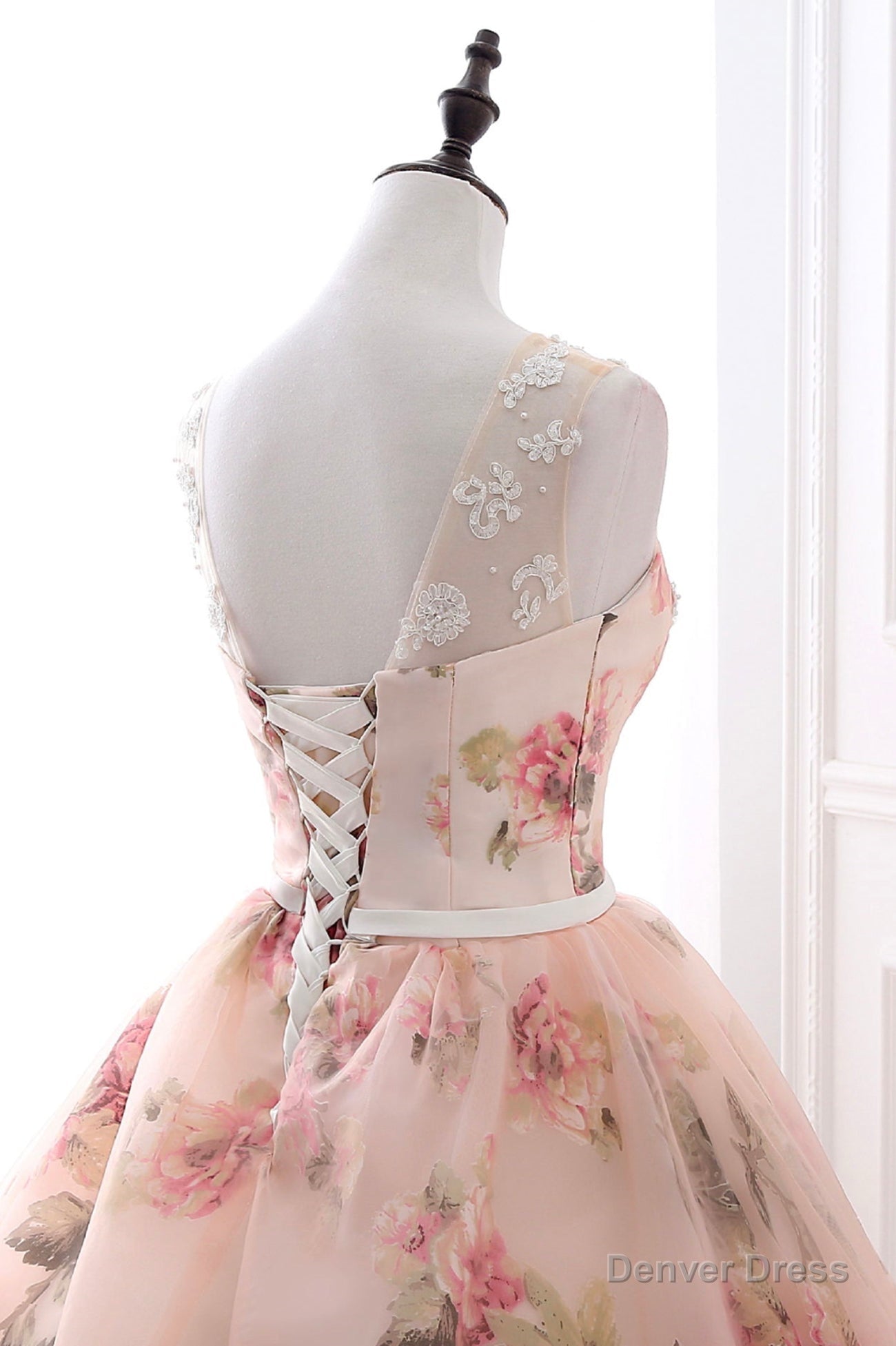 Pink Floral Pattern Lace Long Prom Dress, A Line Prom Dresses
