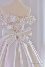 White Satin Long Ball Gowns, A Line Flower Wedding Gowns with Bow