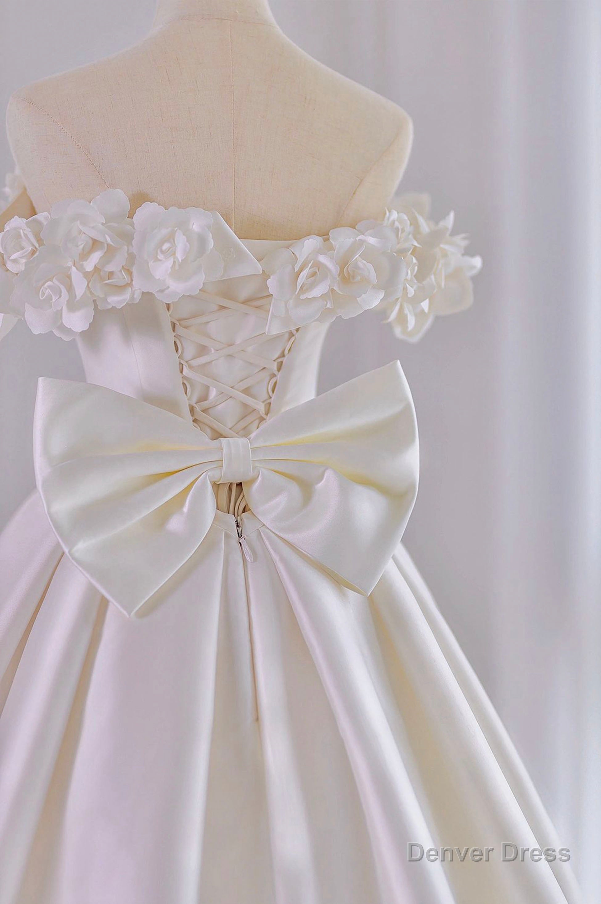 White Satin Long Ball Gowns, A Line Flower Wedding Gowns with Bow