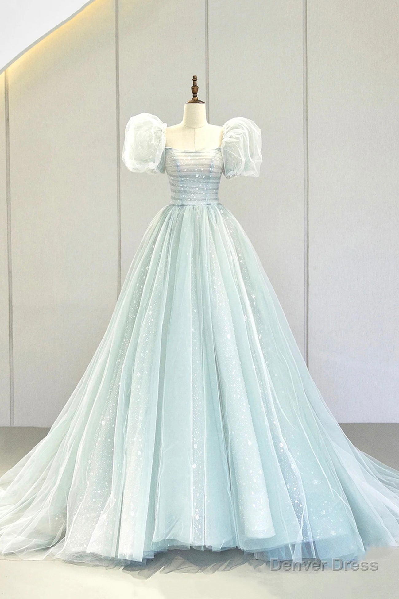 Lovely Puff Sleeve Tulle Formal Evening Gown, A-Line Long Prom Dress Main image