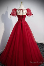 Red Beaded Tulle A Line Long Prom Dress, Red Prom Dresses