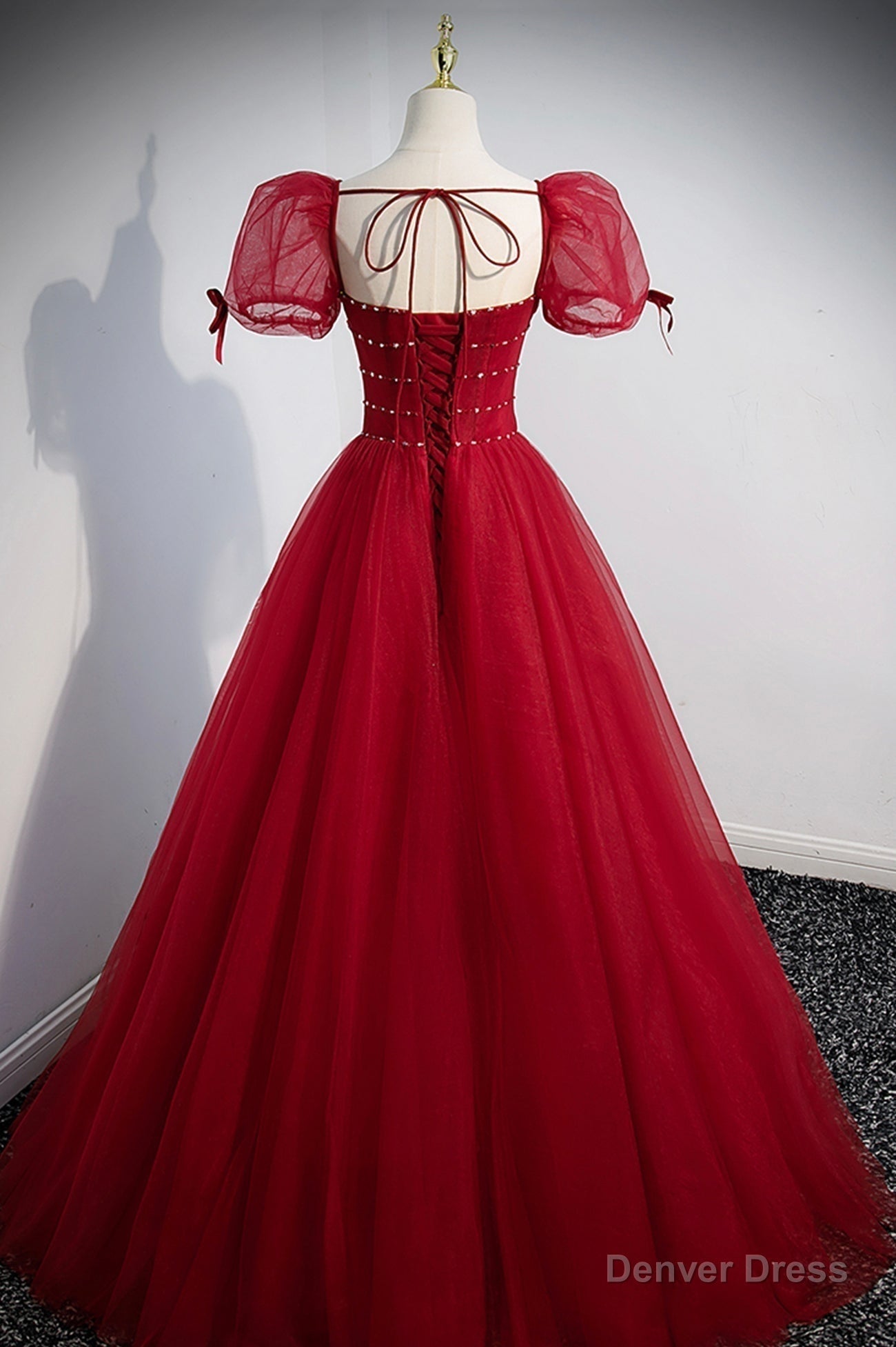 Red Beaded Tulle A Line Long Prom Dress, Red Prom Dresses