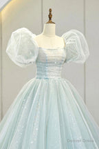 Lovely Puff Sleeve Tulle Formal Evening Gown, A-Line Long Prom Dress