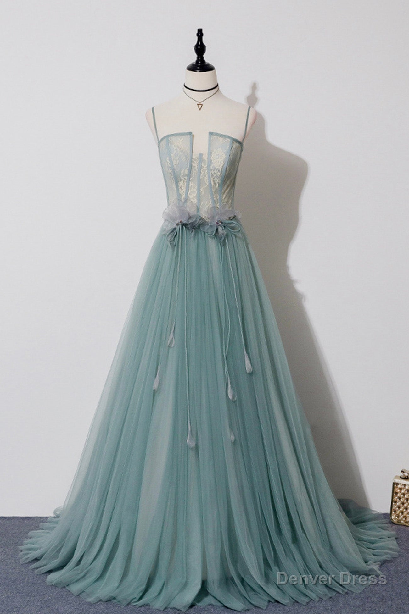 Green Lovely Tulle Straps Long A Line Prom Dress, Green Prom Dresses