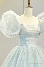Lovely Puff Sleeve Tulle Formal Evening Gown, A-Line Long Prom Dress