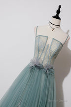 Green Lovely Tulle Straps Long A Line Prom Dress, Green Prom Dresses