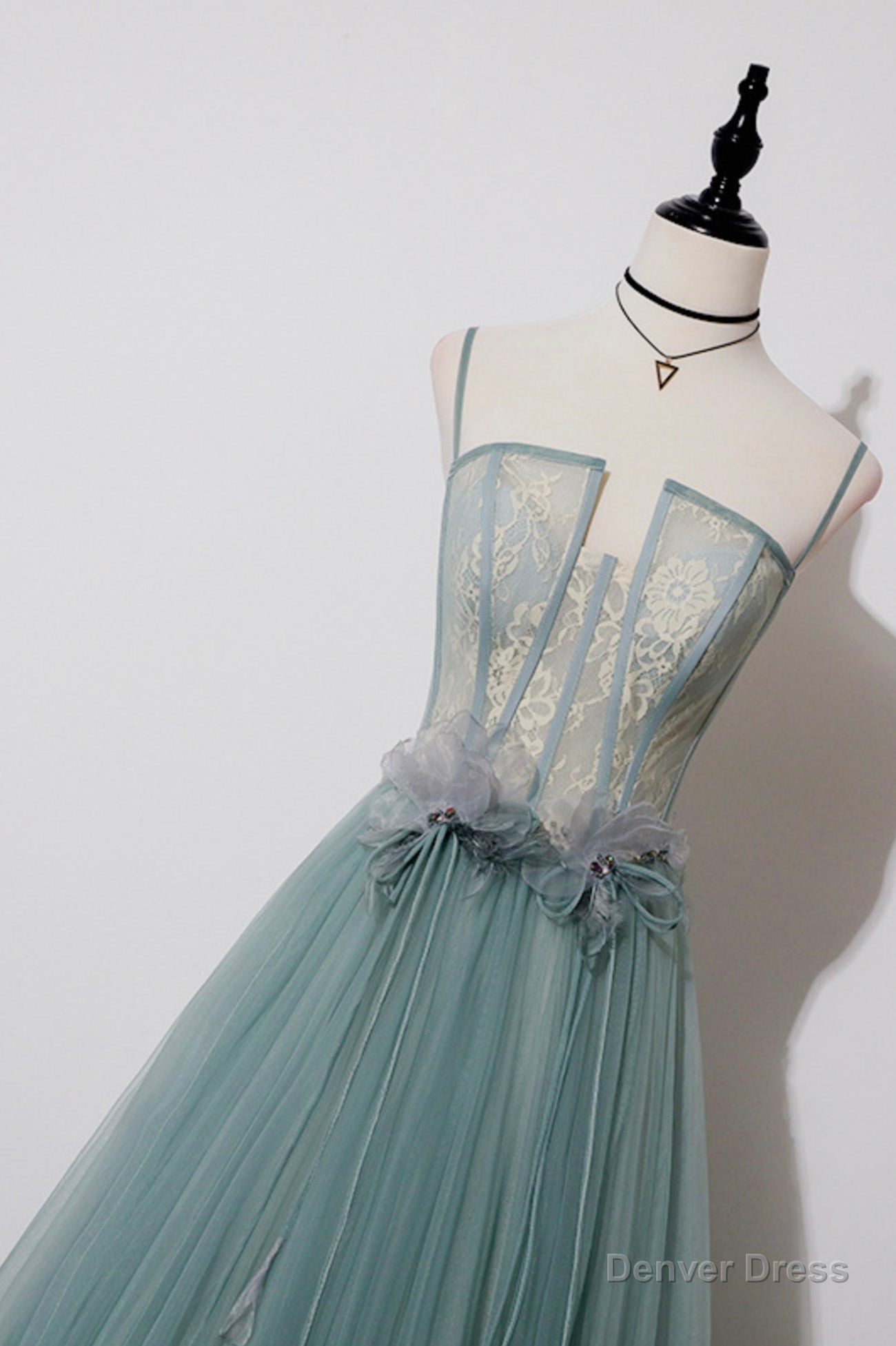 Green Lovely Tulle Straps Long A Line Prom Dress, Green Prom Dresses