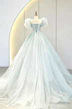 Lovely Puff Sleeve Tulle Formal Evening Gown, A-Line Long Prom Dress