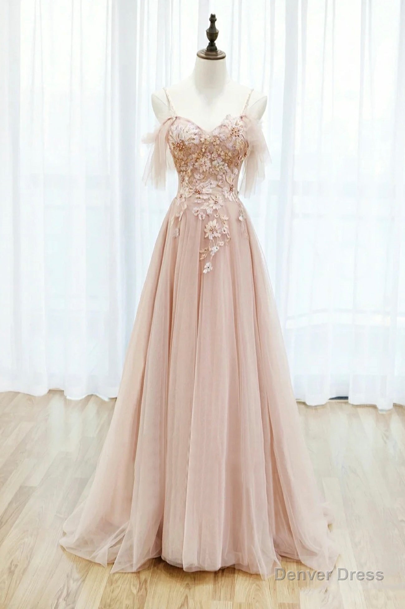 Pink Tulle Lace Long A-Line Prom Dress, Spaghetti Strap Formal Evening Dress