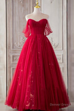 Red Tulle Long Prom Dress, A Line Off the Shoulder Prom Dresses