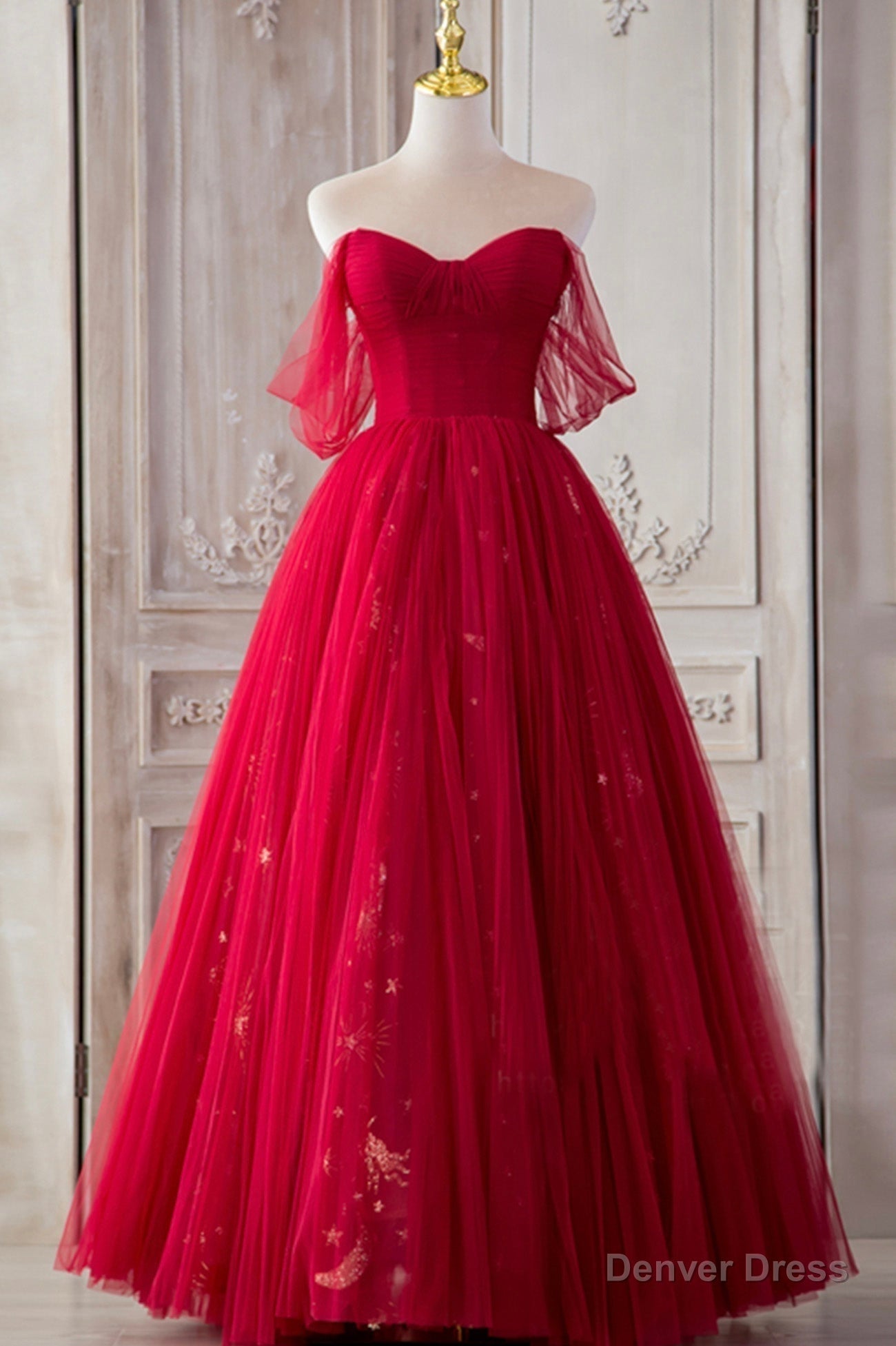 Red Tulle Long Prom Dress, A Line Off the Shoulder Prom Dresses