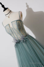 Green Lovely Tulle Straps Long A Line Prom Dress, Green Prom Dresses