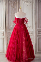 Red Tulle Long Prom Dress, A Line Off the Shoulder Prom Dresses