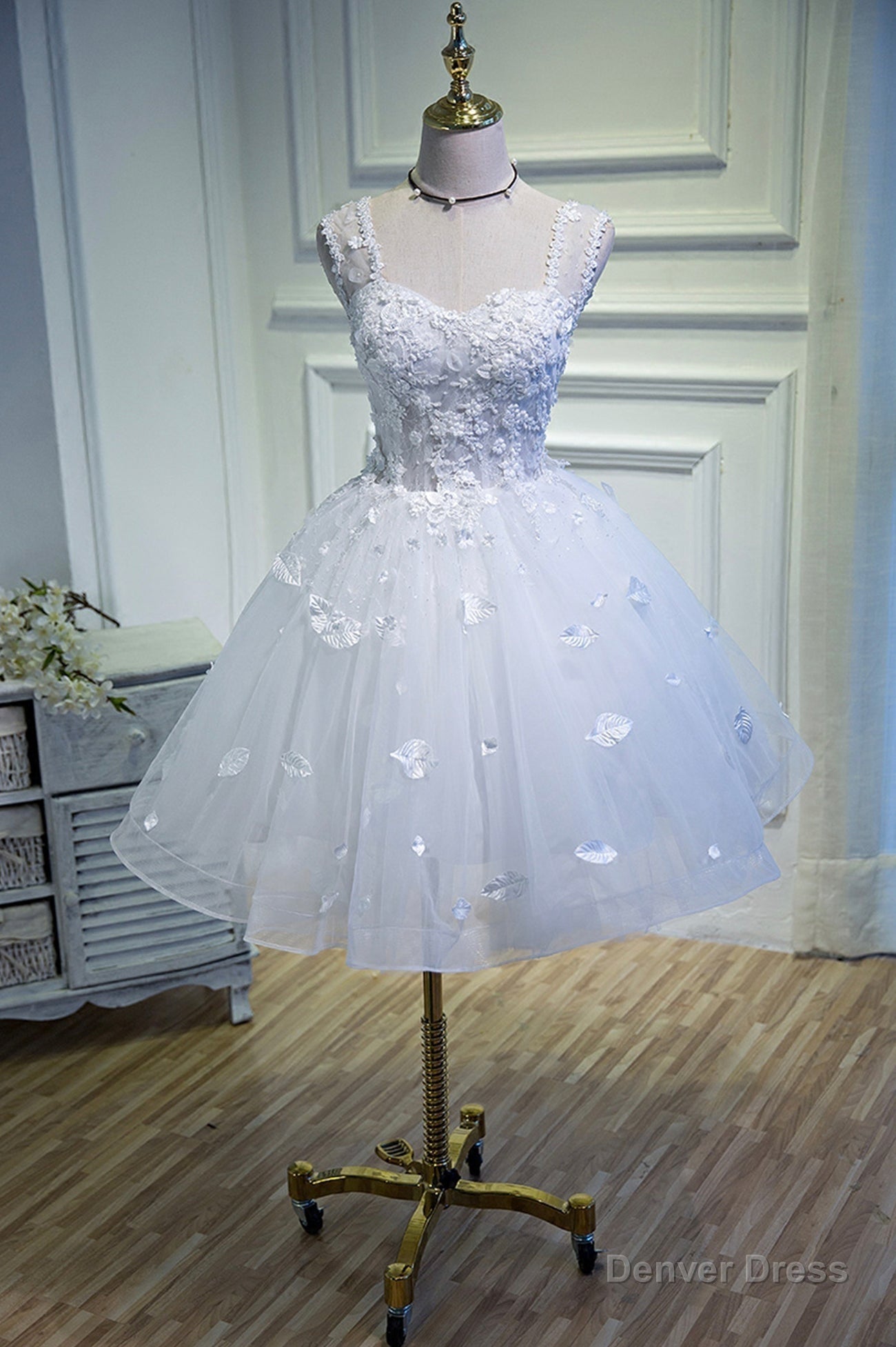 White Lace Short Prom Dress, White Mini Evening Party Dress Main image