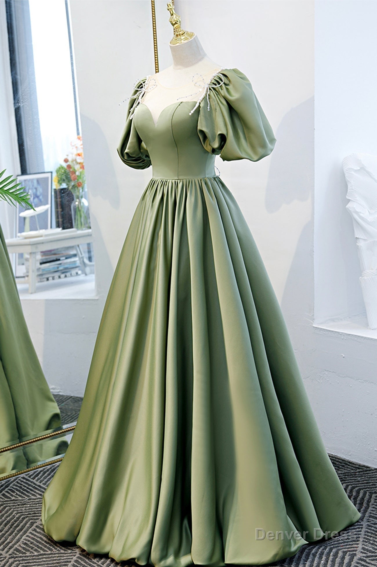 Green Satin A-Line Long Formal Dress, Green Junior Prom Dress Main image