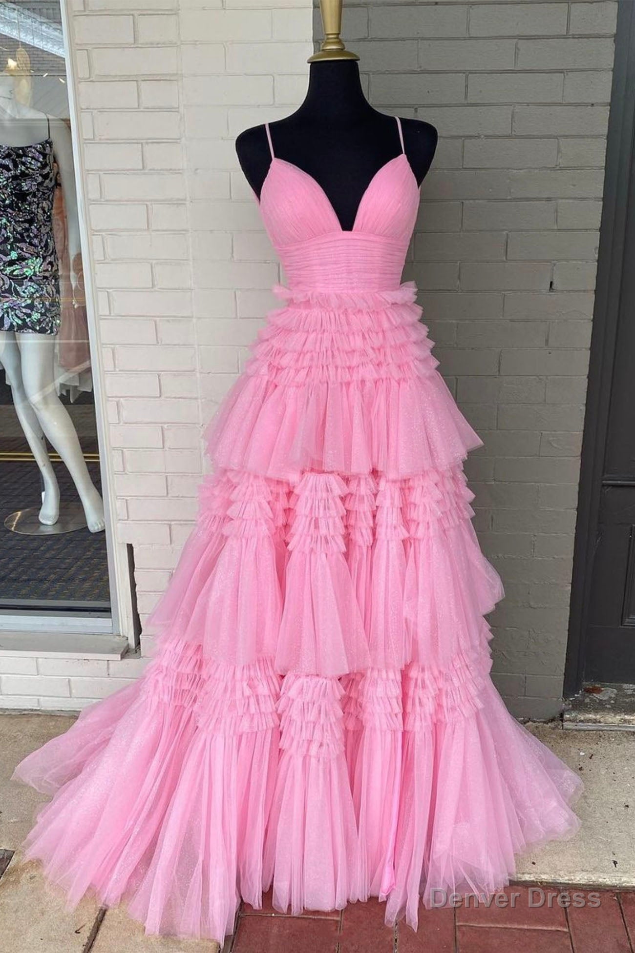 Pink V-Neck Layers Tulle Long Ball Gown, A-Line Spaghetti Strap Evening Dress Main image