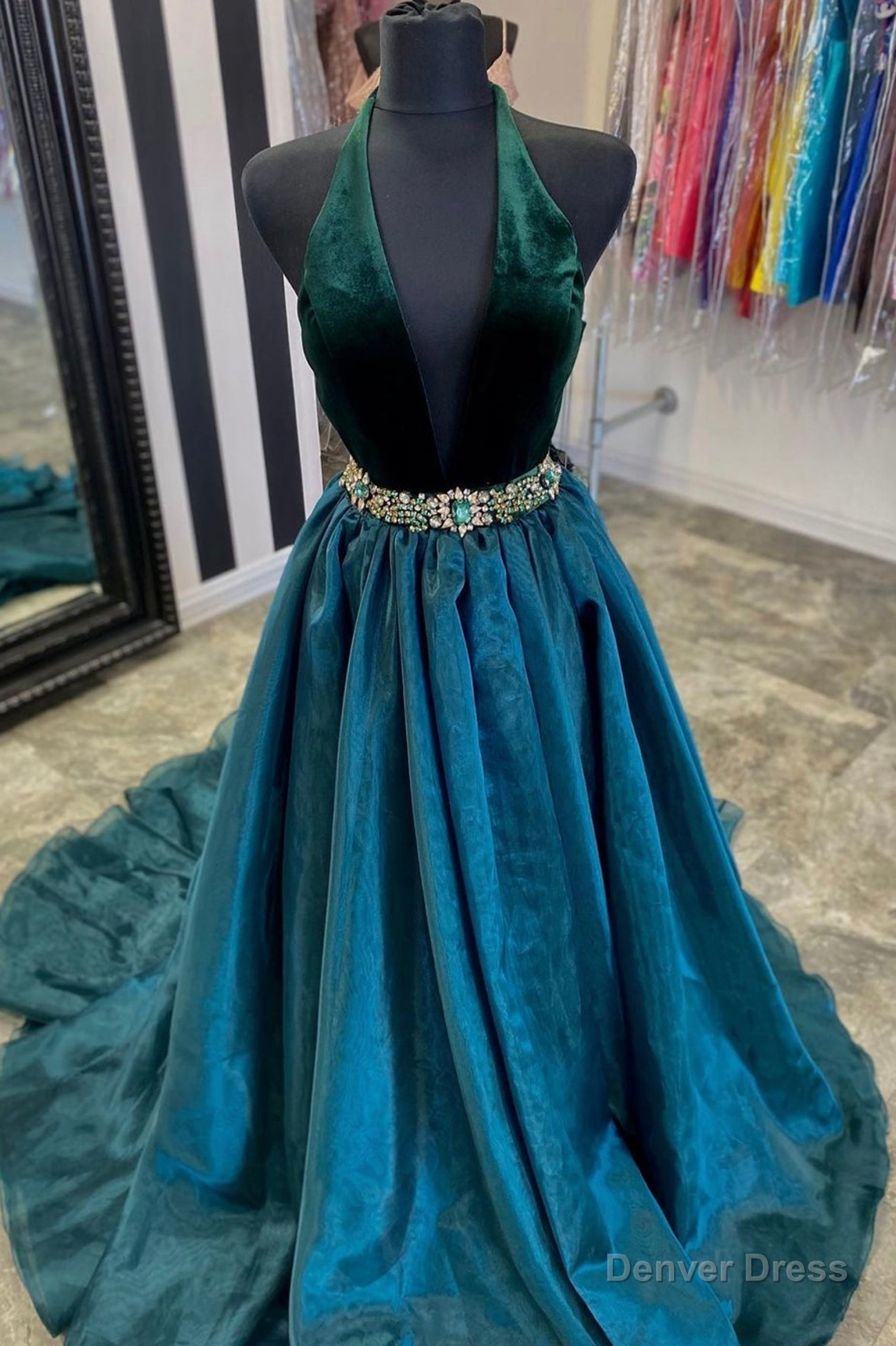 A-Line Velvet Tulle Long Prom Dresses, V-Neck Evening Dresses Main image
