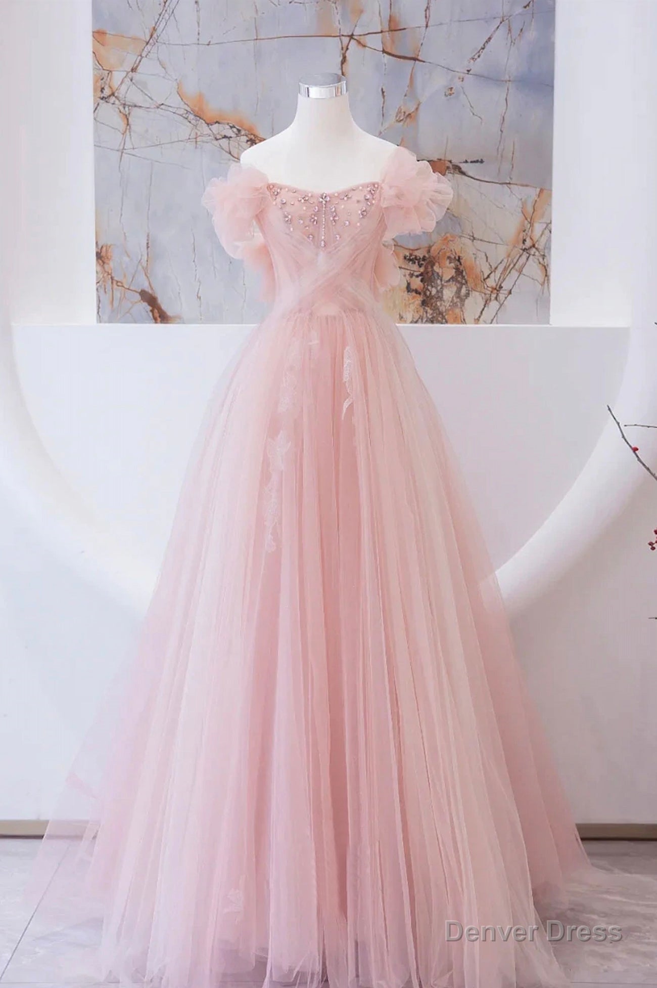 Pink Tulle Beaded Long Prom Dress, A-Line Evening Party Dress Secondary image