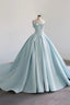 Blue Satin Long A-Line Ball Gown, Blue Evening Gown with Train