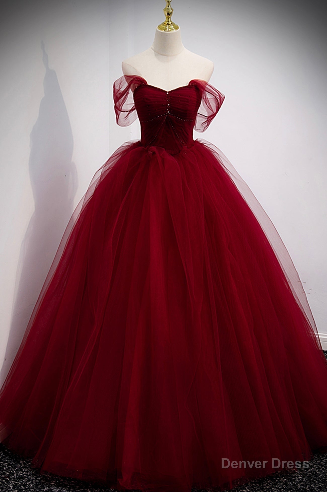 Burgundy Tulle Long A-Line Prom Dress, Burgundy Evening Party Dress