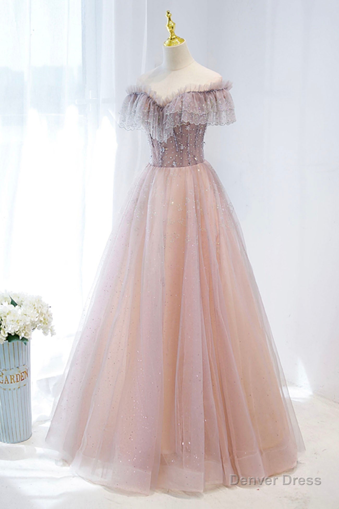 Pink Tulle Beaded Long Formal Dress, Pink V-Neck Prom Dress Secondary image