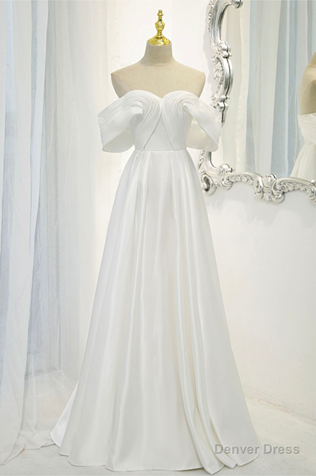 White Satin Long Prom Dress, Off the Shoulder Evening Dress Main image