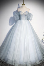Blue Tulle Long A Line Prom Dress, Blue Off the Shoulder Prom Dresses